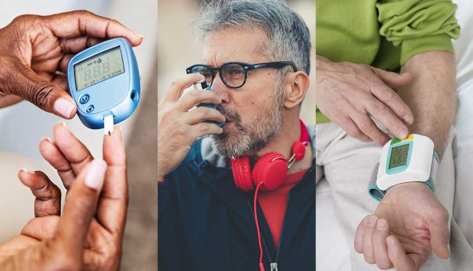 three images picturing health conditions a blood glucose monitor to show diabetes a man using an inhaler to show asthma or lung conditions and a person using a wrist cuff blood pressure monitor for heart conditions