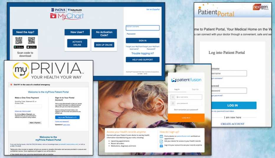 collage of screenshots showing different patient portal examples