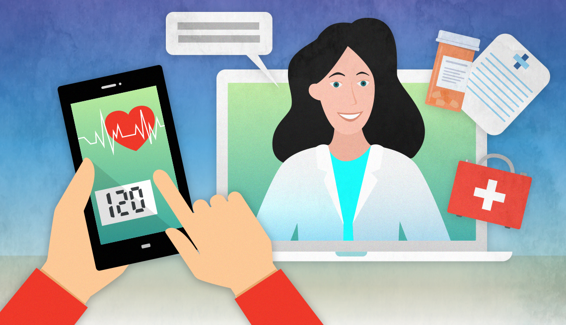 telehealth concept illustration with doctor coming out of laptop talking to patient who is monitoring their blood pressure on their smartphone