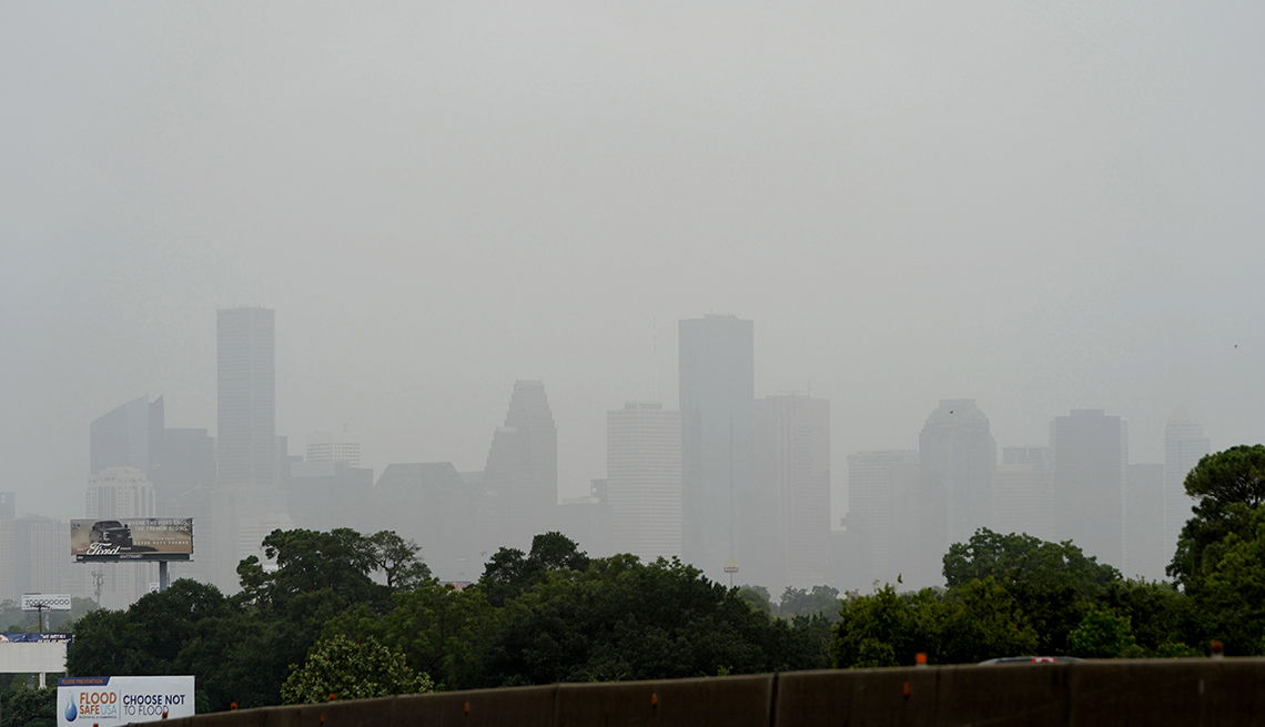 Hazy view of Houston skyline as a Saharan dust cloud moves over parts of Texas on June 26, 2020 