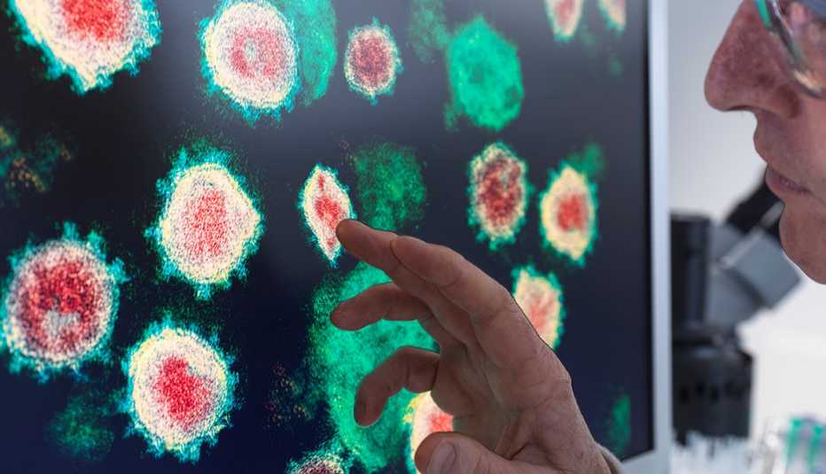researcher looks at computer screen with images of viruses