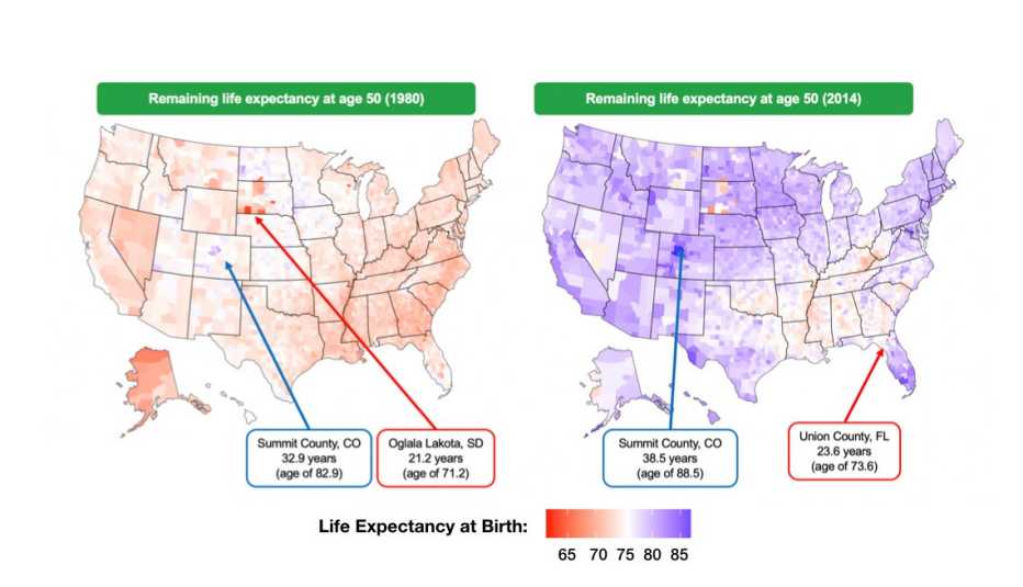 Map of life expectancy from age 50 color coded by county