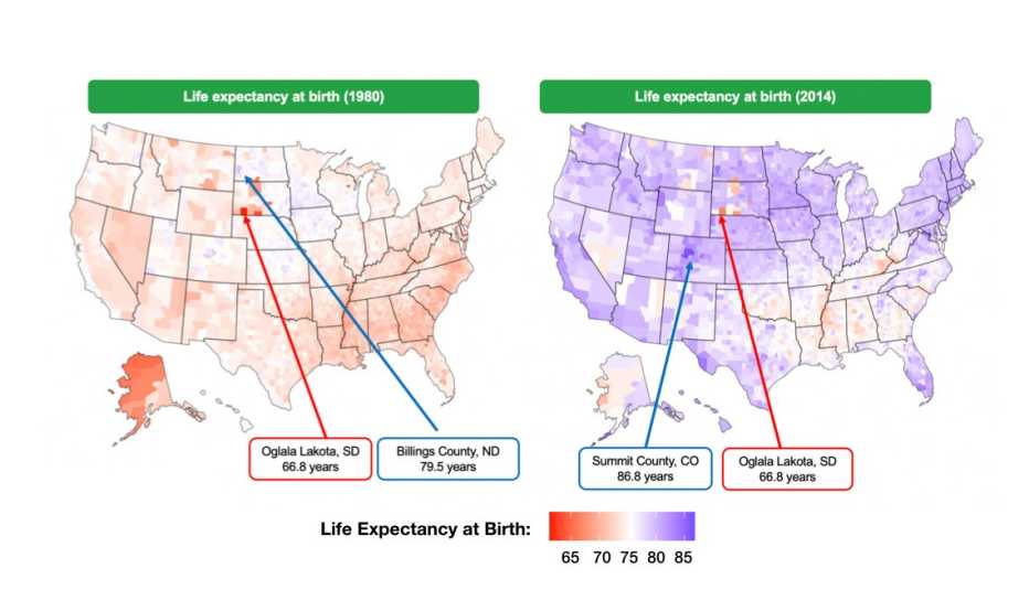 Map of life expectancy from birth color coded by county