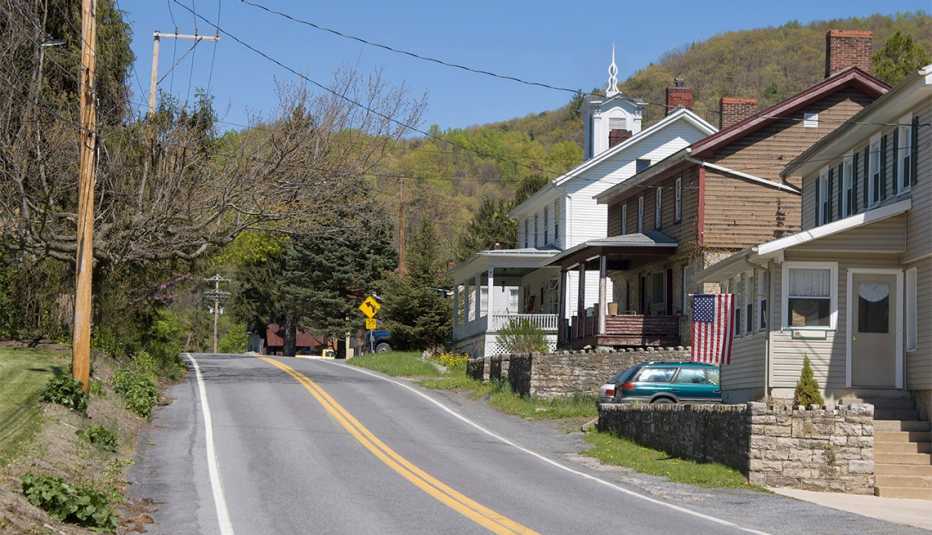 Small American village main street in the Pennsylvania Appalachian mountains.