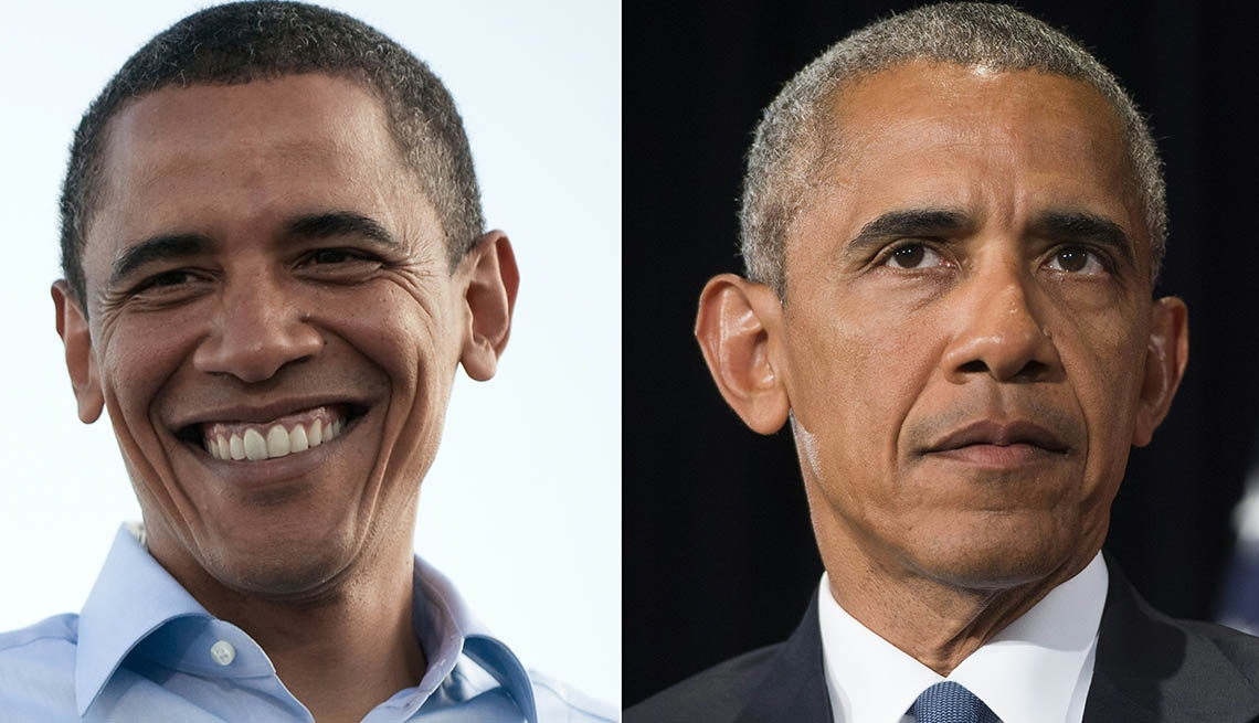 (COMBO) This combination of pictures created on January 17, 2017 showsUS President Barack Obama during his first campaighn on August 30, 2008 (L),and during a press conference on September 5, 2016 (R).With his temples a bit grayer now, Barack Obama will l