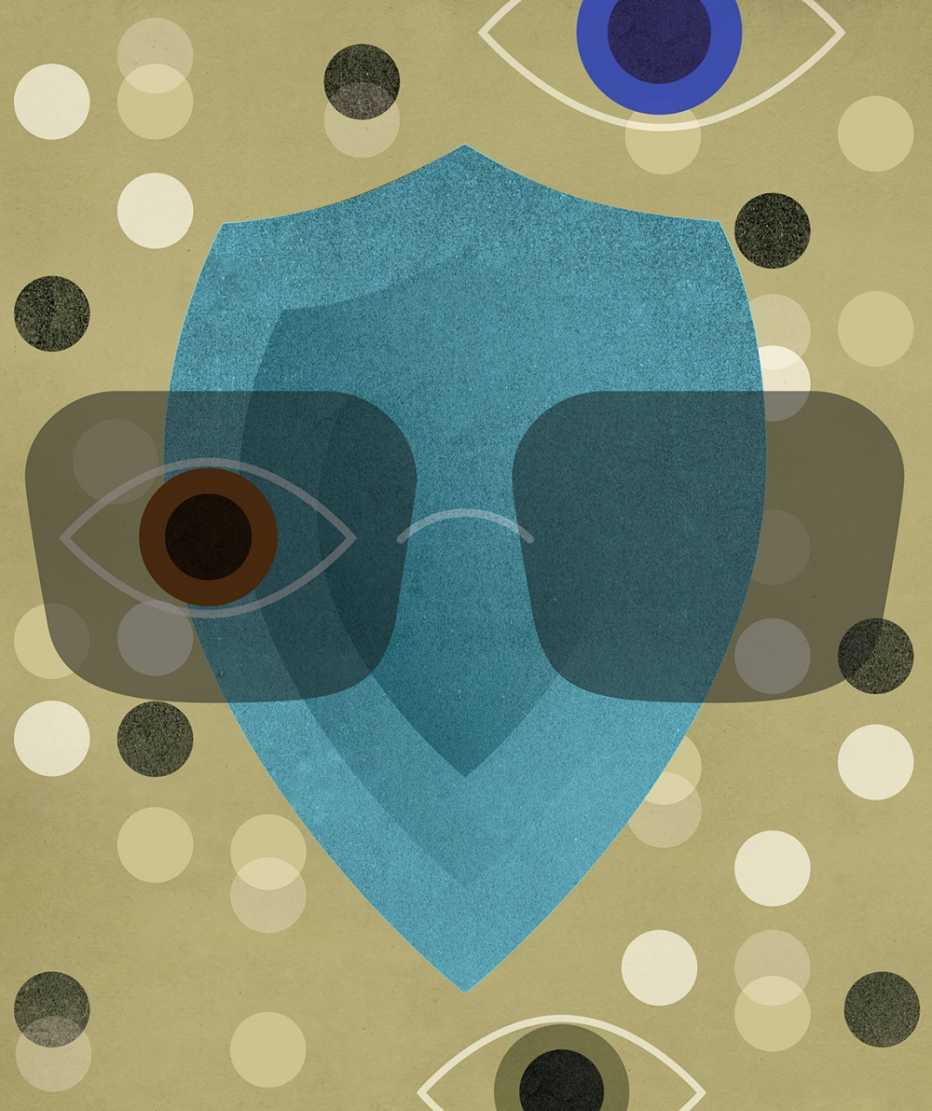 stylized semi abstract illustration of a shield wearing eyeglasses