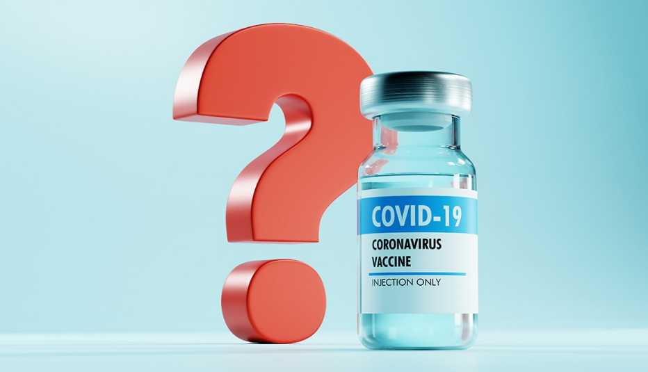covid 19 vaccine bottle and red question mark