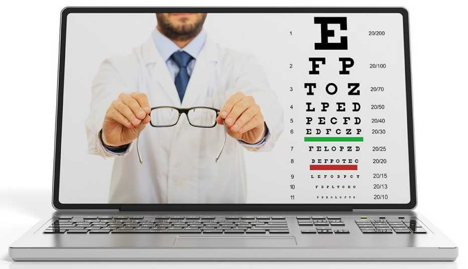 An eyesight test and a doctor holding prescription eyeglasses n a laptop's screen