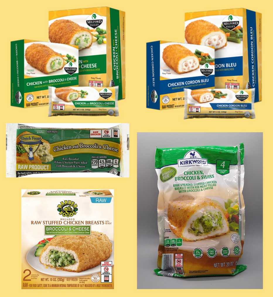 recalled frozen prepared chicken products chicken and broccoli with cheese and chicken cordon bleu from kirkwood milford valley and dutch farms