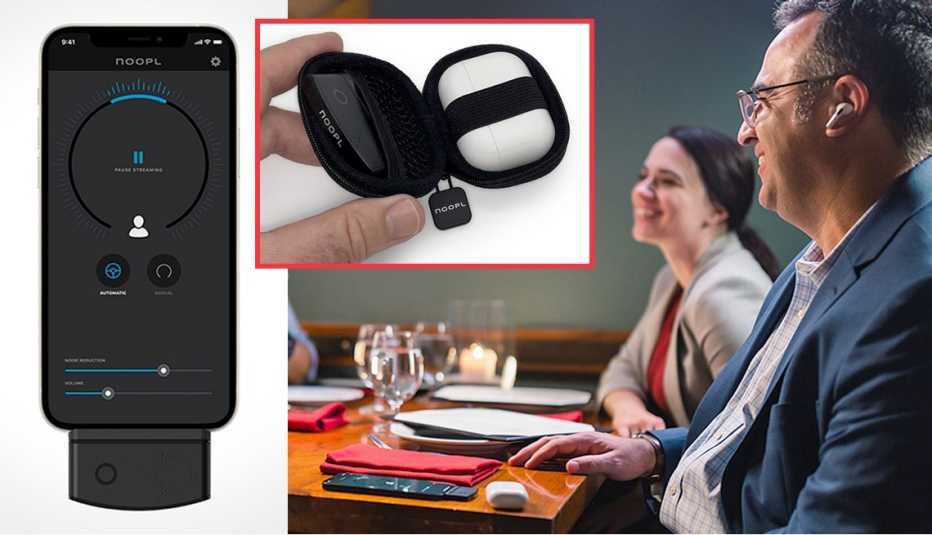 product images of the noopl iphone accessory that work with airpods along an image of a man using the device 