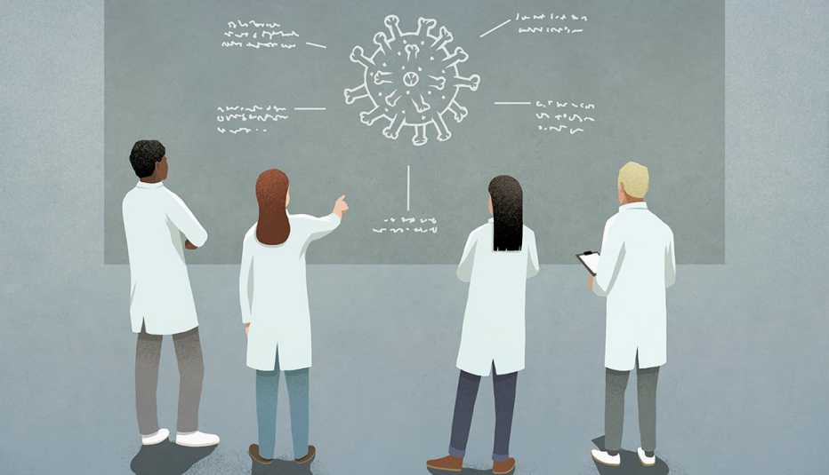 Illustration of researchers studying a coronavirus drawing on a chalk board