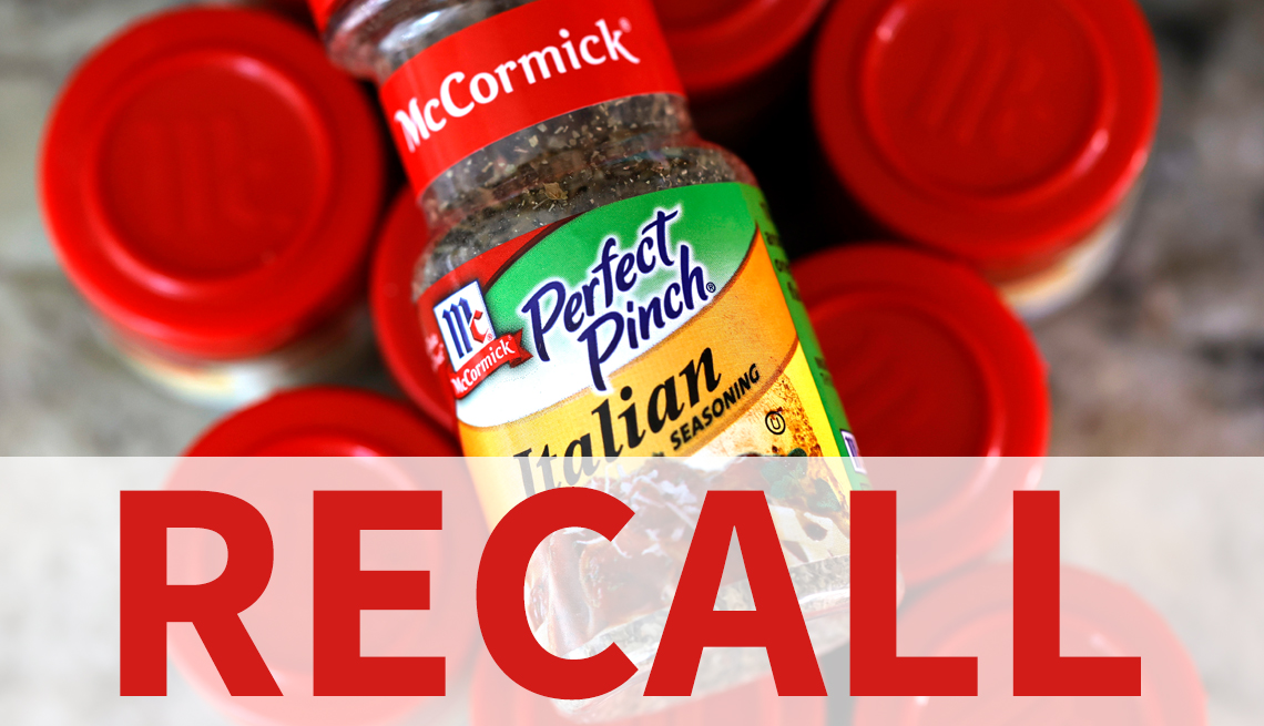 a bottle of mccormick perfect pinch italian seasoning on top of other mccormick bottles with the word recall over it