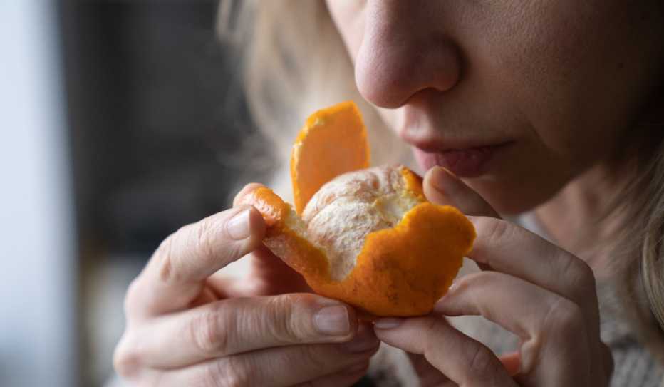Sick woman trying to sense smell of fresh tangerine orange, has symptoms of Covid-19, corona virus infection - loss of smell and taste, standing at home. One of the main signs of the disease.