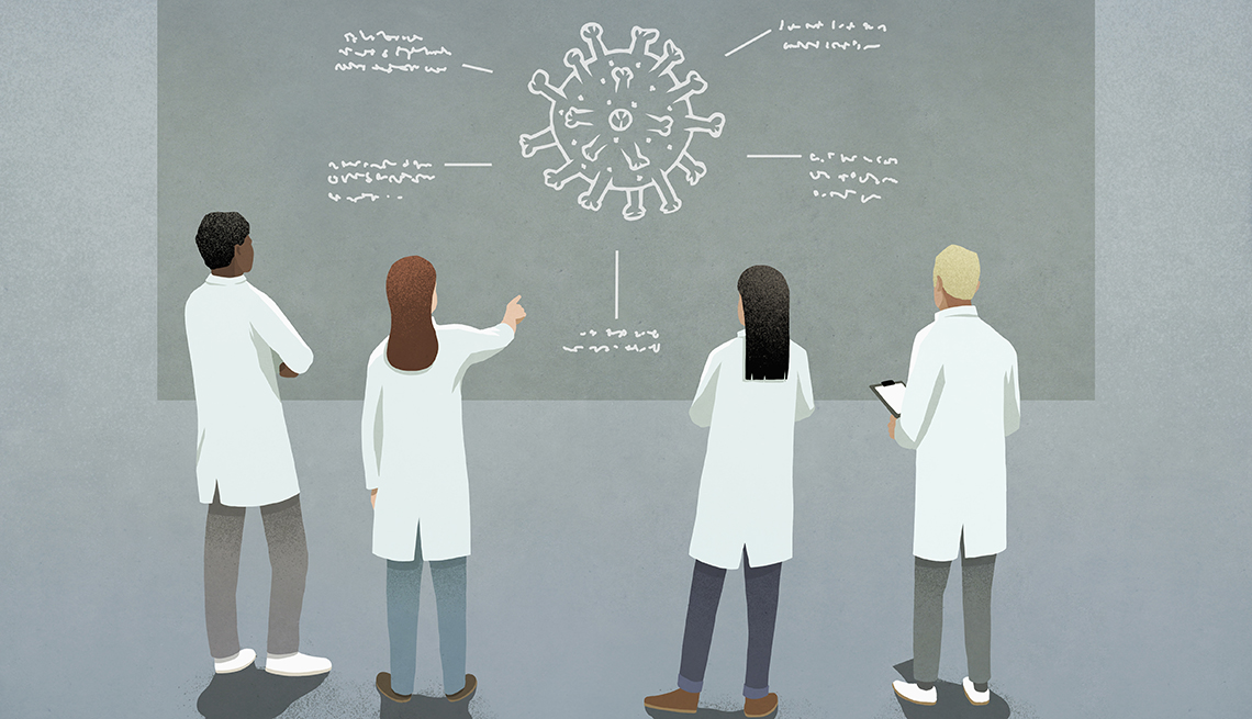 Illustration of researchers studying a coronavirus drawing on a chalk board
