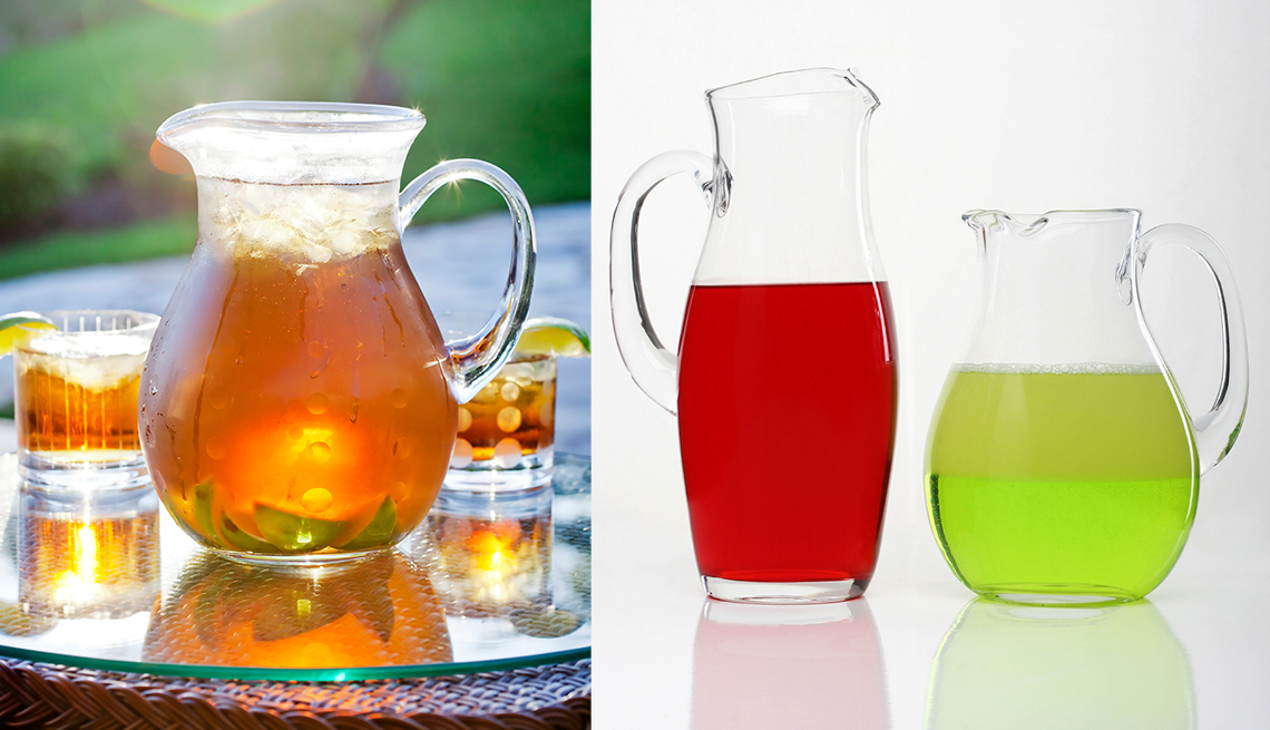 pitcher of iced tea and pitchers of brightly colored kids drinks
