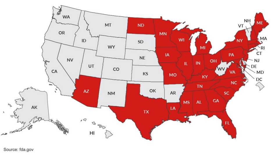 a map of states affected by the salad recall
