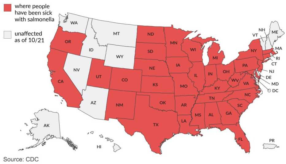 map of the u s showing that most states have been affected by the onion salmonella outbreak the states that  have no reported cases so far are the extreme northeast and northwest states as well as outside on the continental u s