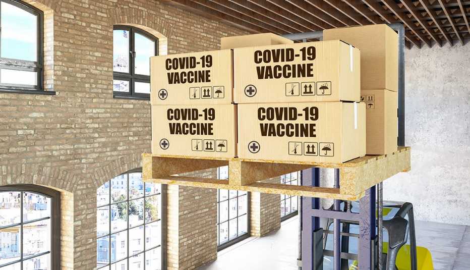 boxes of covid-19 vaccine on a crate in a warehouse, being lifted by a forklift