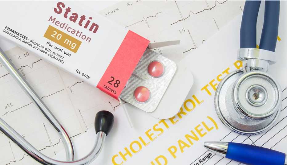 Box of statin drugs against a background of an EKG and cholesterol panel..