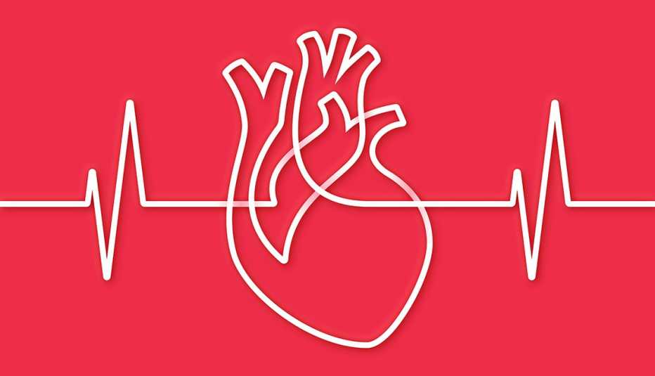a line illustration of the human heart turning into an ekg on a bright red background 