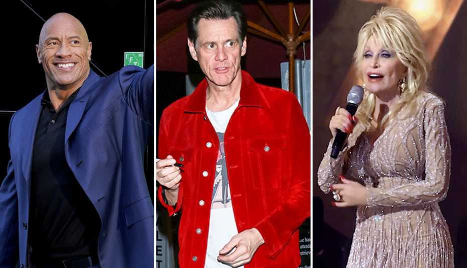 triptych of dwayne the rock johnson actor jim carrey and dolly parton