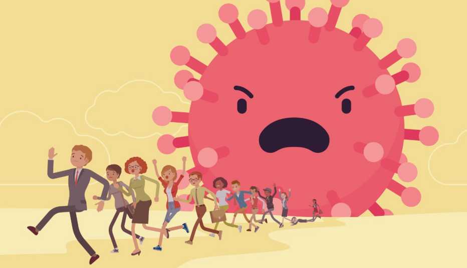 graphic of coronavirus chasing running people