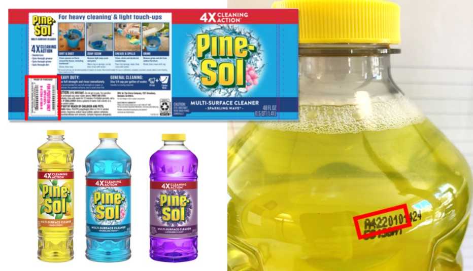 bottles of recalled pine sol and where to find the recall number on the bottle and labels