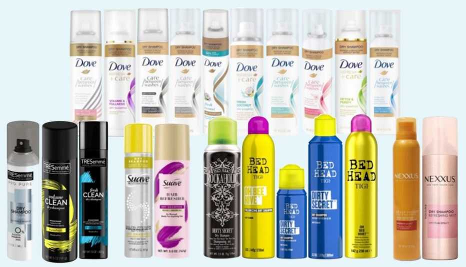 many dry shampoo products from Dove, TreSemme, TIGI  Bed Head, and Nexxus
