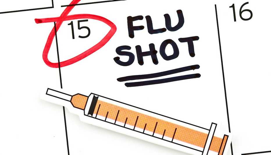 illustration of a calendar with a date circled in red and the words flu shot with a cartoon needle below it