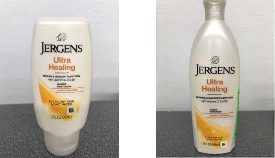 side by side images of two bottles of Jergens Ultra Healing Lotion