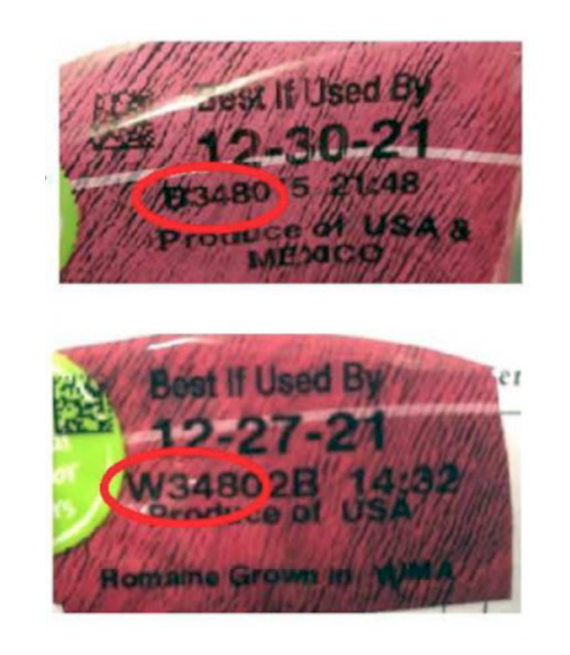 two closeups of product codes from bagged salad that has been recalled