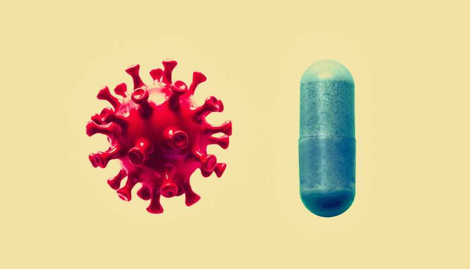 a retro illustration of a red COVID-19 spike virus cell next to a blue pill symbolizing Paxlovid and other anti-viral treatments for COVID-19