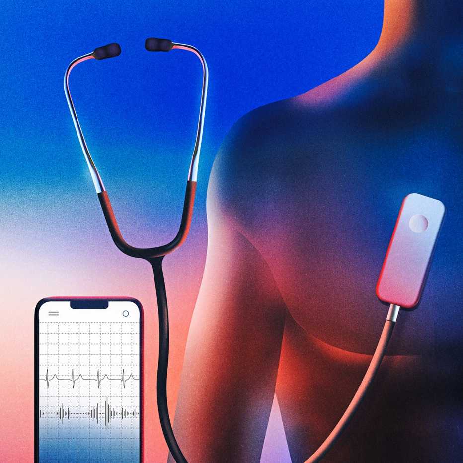 rendering of a mans chest with a stethoscope that ends in a device which hears the slightest of heart murmurs.