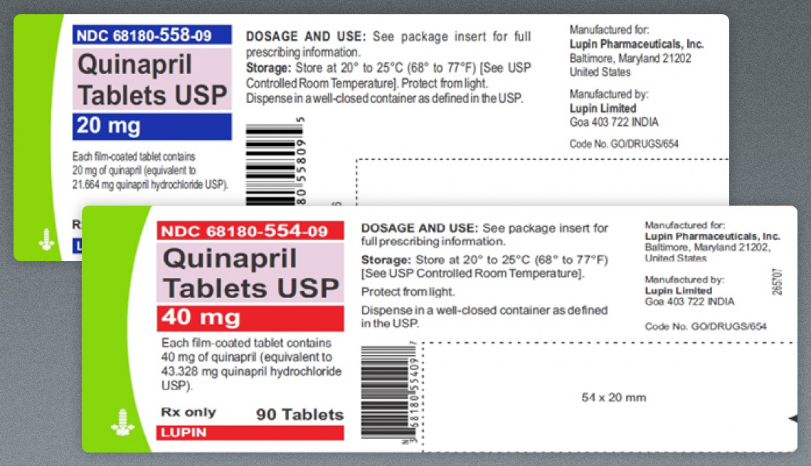 twenty and forty milligram tablet labels for the quinapril recall