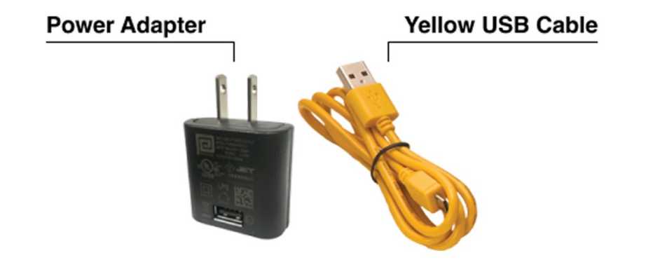 power adapter and yellow USB cable