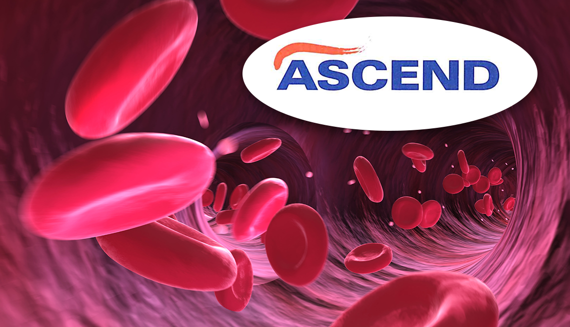 logo for pharmaceutical company Acsend Laboratories along with a rendering of red blood cells moving through an artery