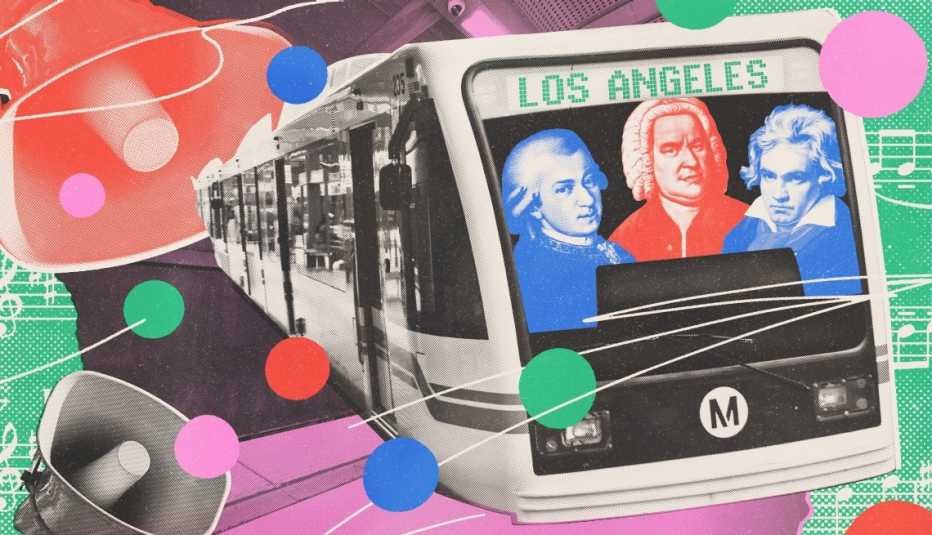 an illustration showing three classical composers on a los angeles metro train