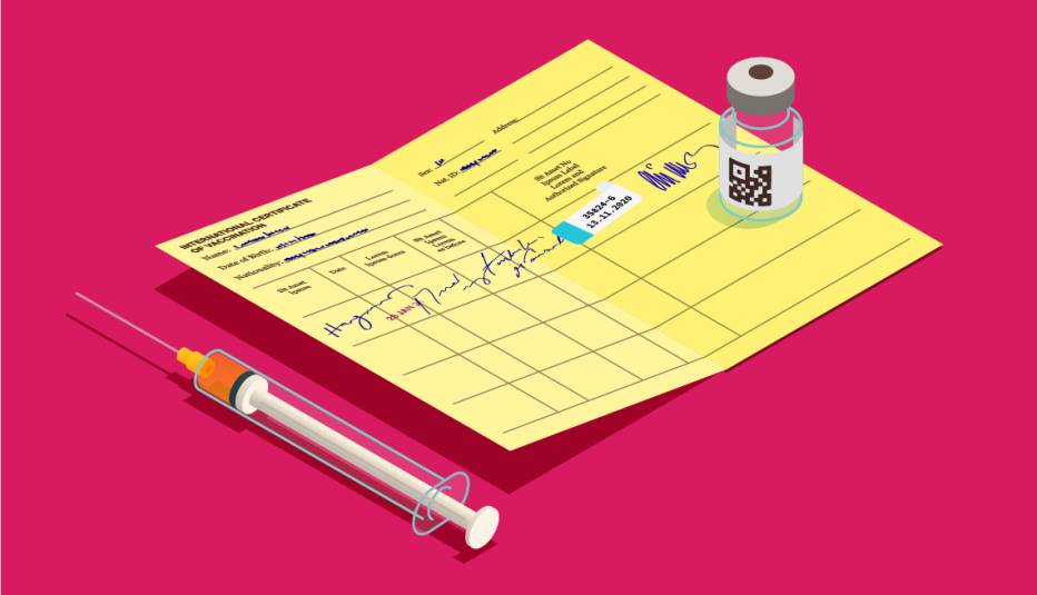 COVID-19 Vaccine card with vaccine vial and needle