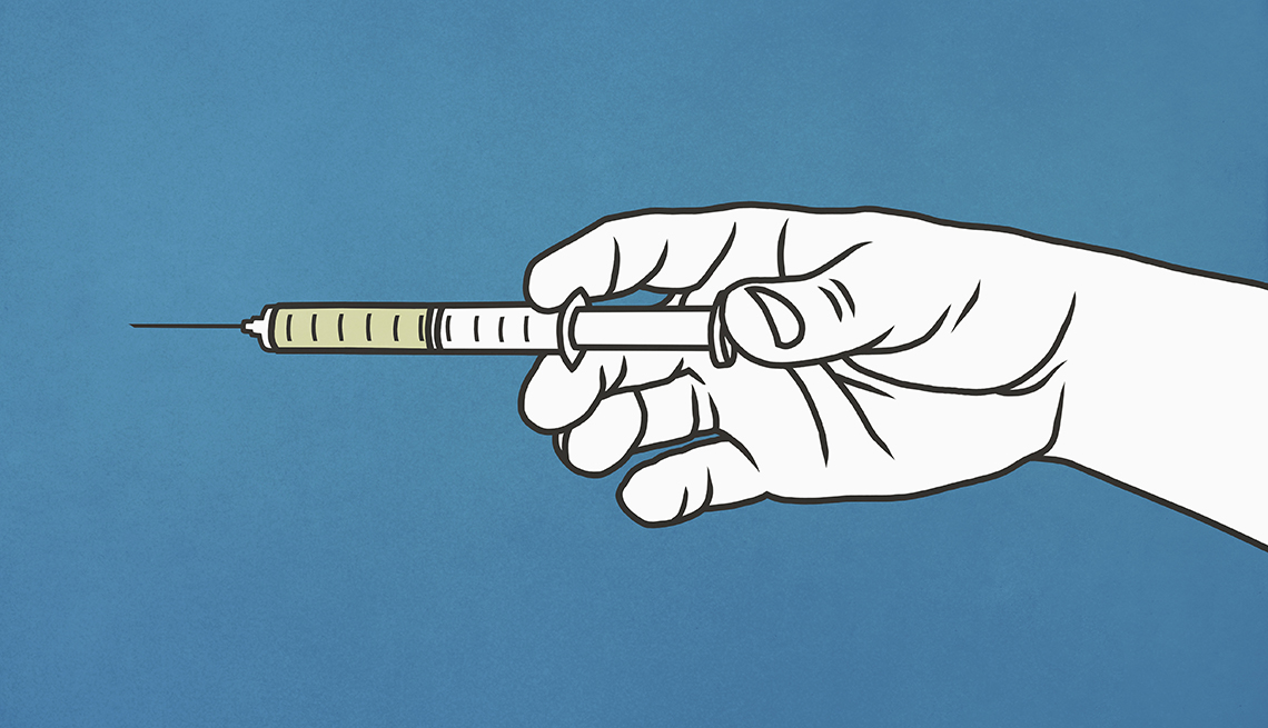 illustration of a hand holding a syringe on a dark blue background