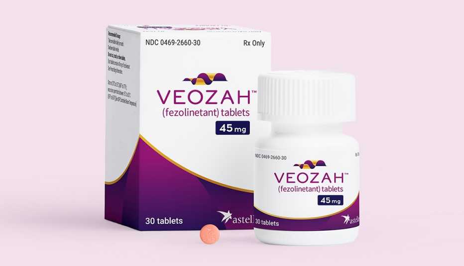 Veozah drug product packaging and pill tablet