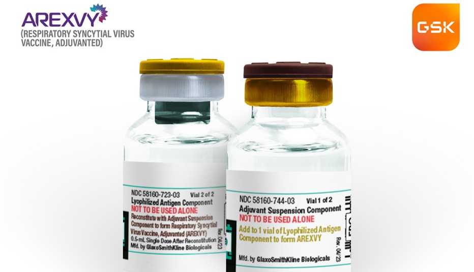 close up of two vials of the GSK respiratory syntactical virus (RSV) vaccine