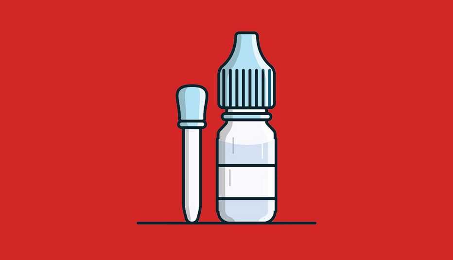 illustration of a blue eye dropper next to a blue bottle of eye drops on a dark red background warning against eye drops recalled due to the risk of infections and blindness