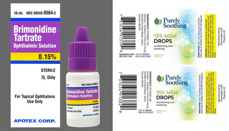 packages for two types of eyedrops that have been recalled in March 2023