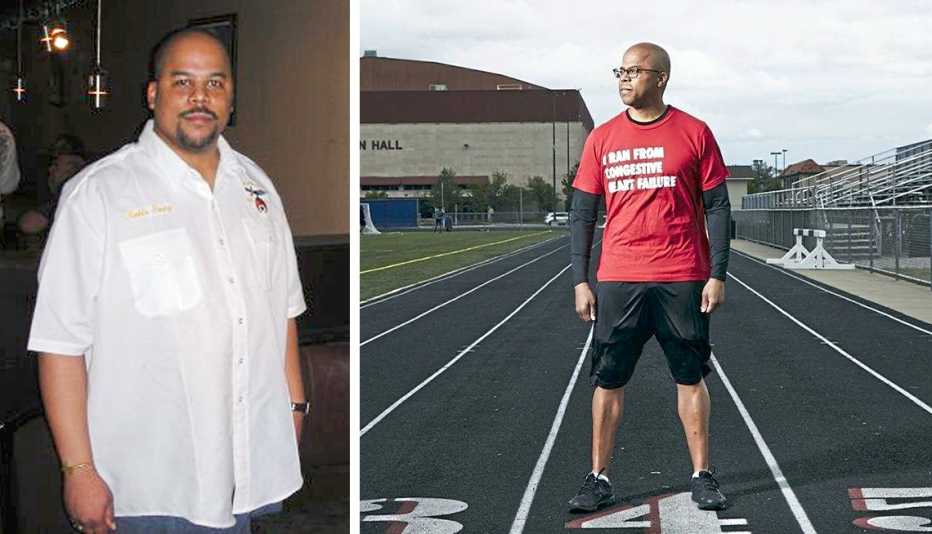 James L. Young II in 2011 (left), before he entered the hospital with a heart emergency, and in 2021, a   decade after he quit smoking and started to exercise and eat more healthfully. 