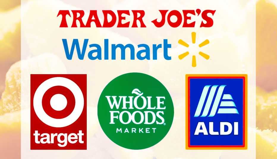 store logos for trader joes walmart target whole foods and aldi on top of a background of mixed frozen fruit that includes pineapple