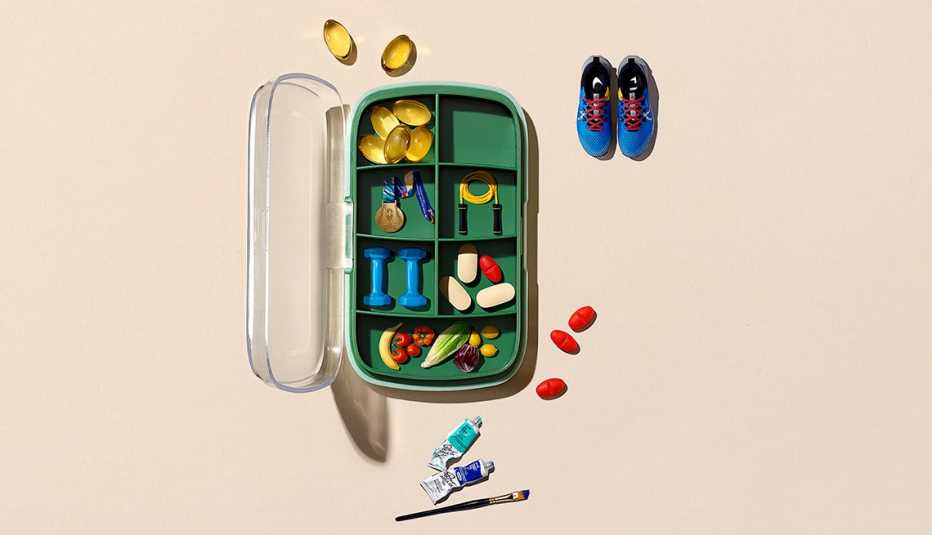 an organizer toolbox filled with tools to manage chronic medical conditions such as healthy food hand weights supplements jump rope and vitamins outside of the box are artists paints and a brush and a pair of sneakers