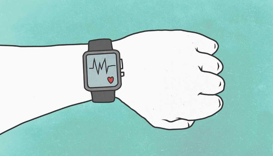 illustration of hand wearing smart watch with pulse trace
