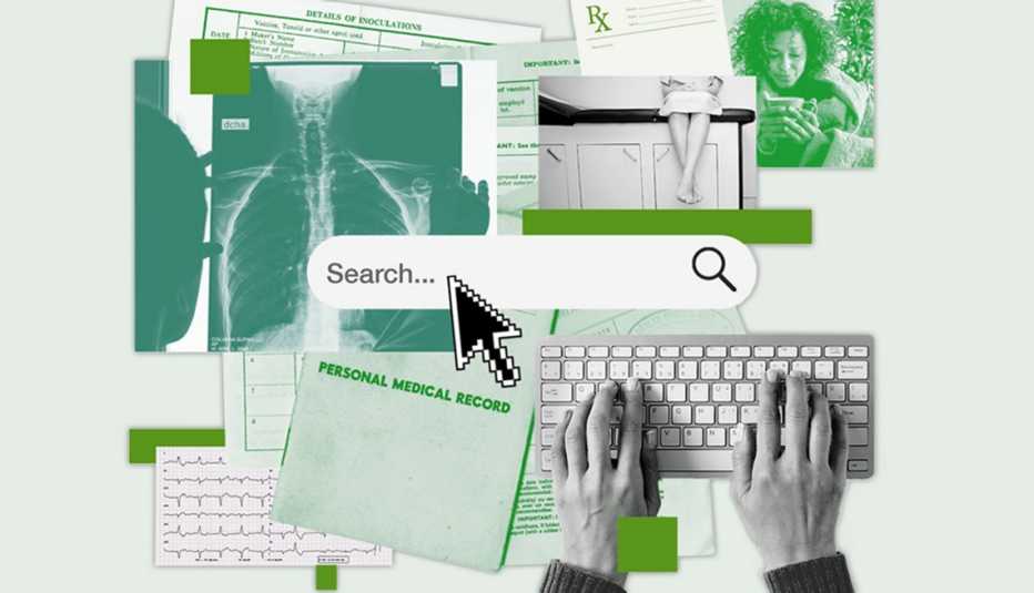 collage of a person doing online health research with search box prescription information and other medical data