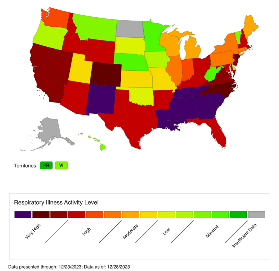 united states map showing the level of respiratory illness by state on january second twenty twenty four the highest levels are showing in new mexico and the southeast states louisiana alabama mississippi arkansas tennessee and georgia