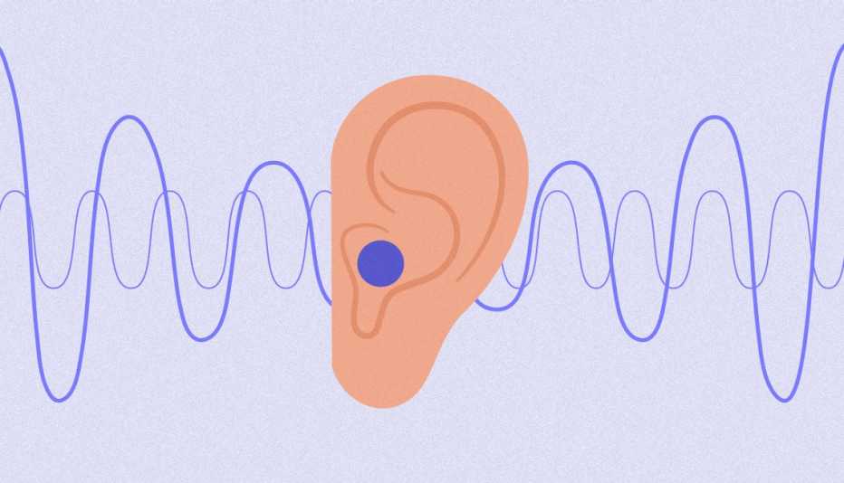 ear with hearing aid and sound waves 